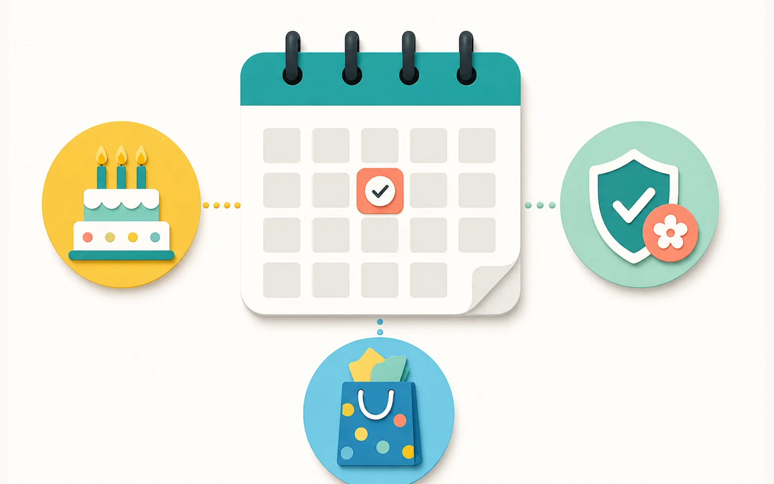 Simple illustration of a birthday RSVP deadline connected to cake, party bag, and allergy icons.