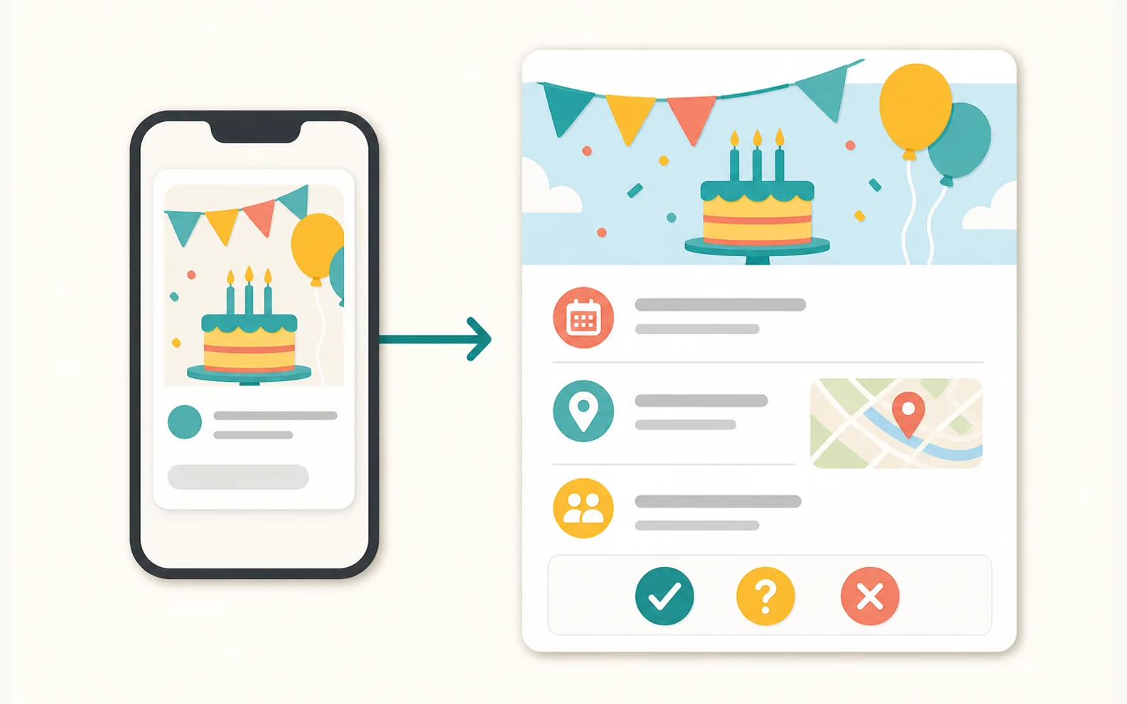 Simple phone illustration showing an RSVP website link preview opening into an event page.