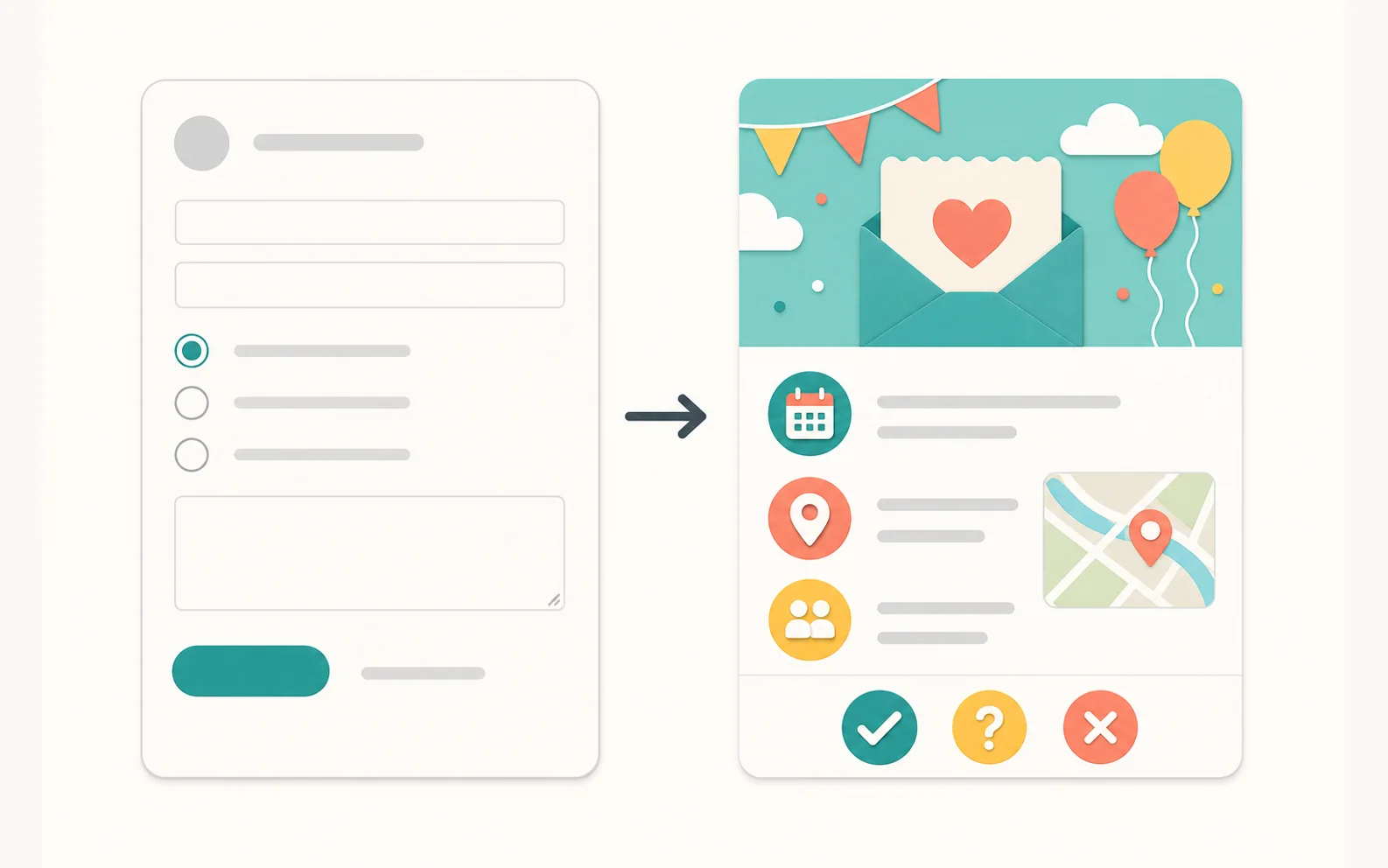 Simple side-by-side illustration comparing a generic RSVP form with an invitation page.