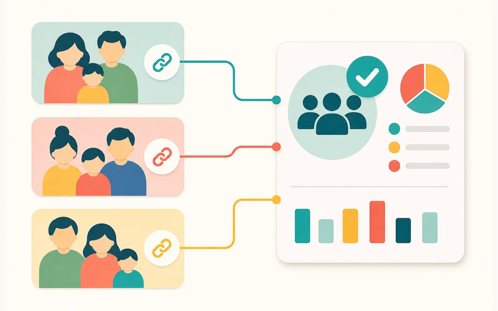Family reunion RSVP illustration showing household links flowing into one reunion headcount.