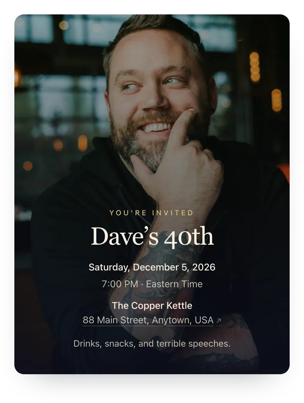 40th birthday invitation with the host’s own photo as the cover: a bearded man grinning behind “Dave’s 40th”