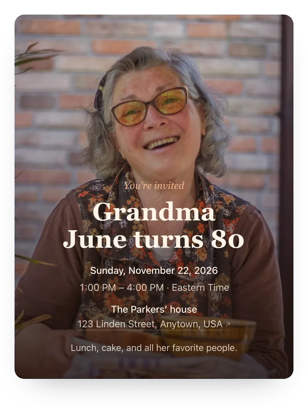 80th birthday invitation with the host’s own photo as the cover: a grandmother in amber glasses laughing behind “Grandma June turns 80”