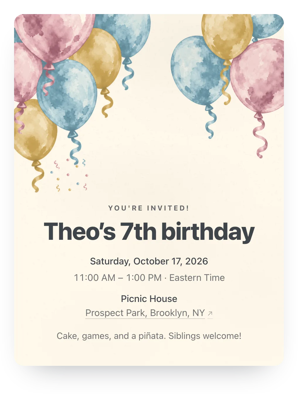 Balloon birthday invitation in Birthday Cream: “Theo’s 7th birthday” on a painted balloons design