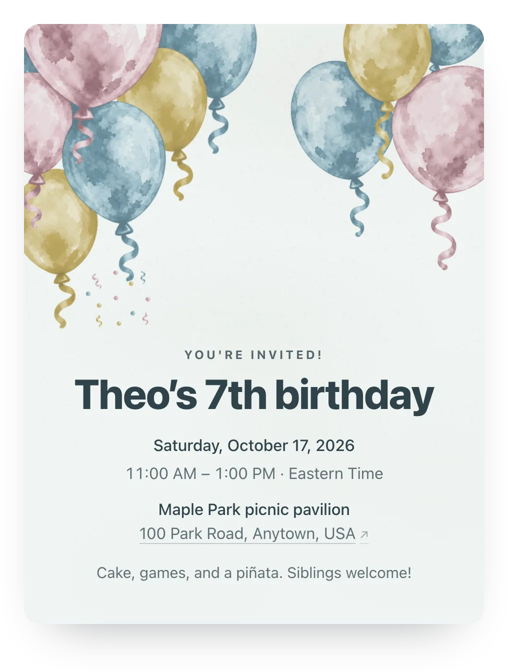 Balloon birthday invitation in Coastal Paper: “Theo’s 7th birthday” on a painted balloons design