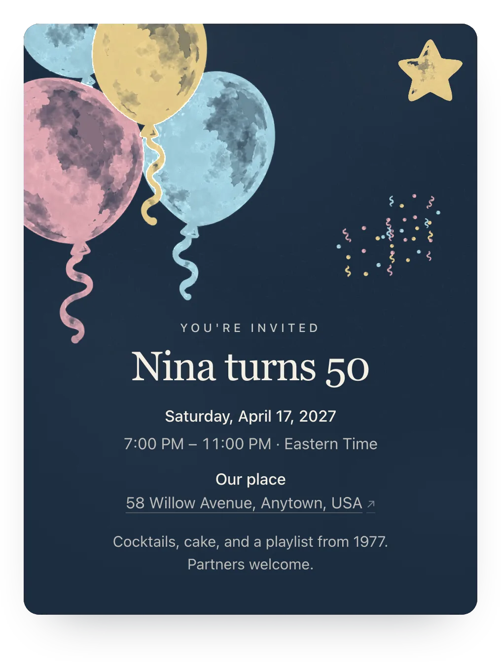 Balloons 50th birthday invitation in Midnight Party: “Nina turns 50”