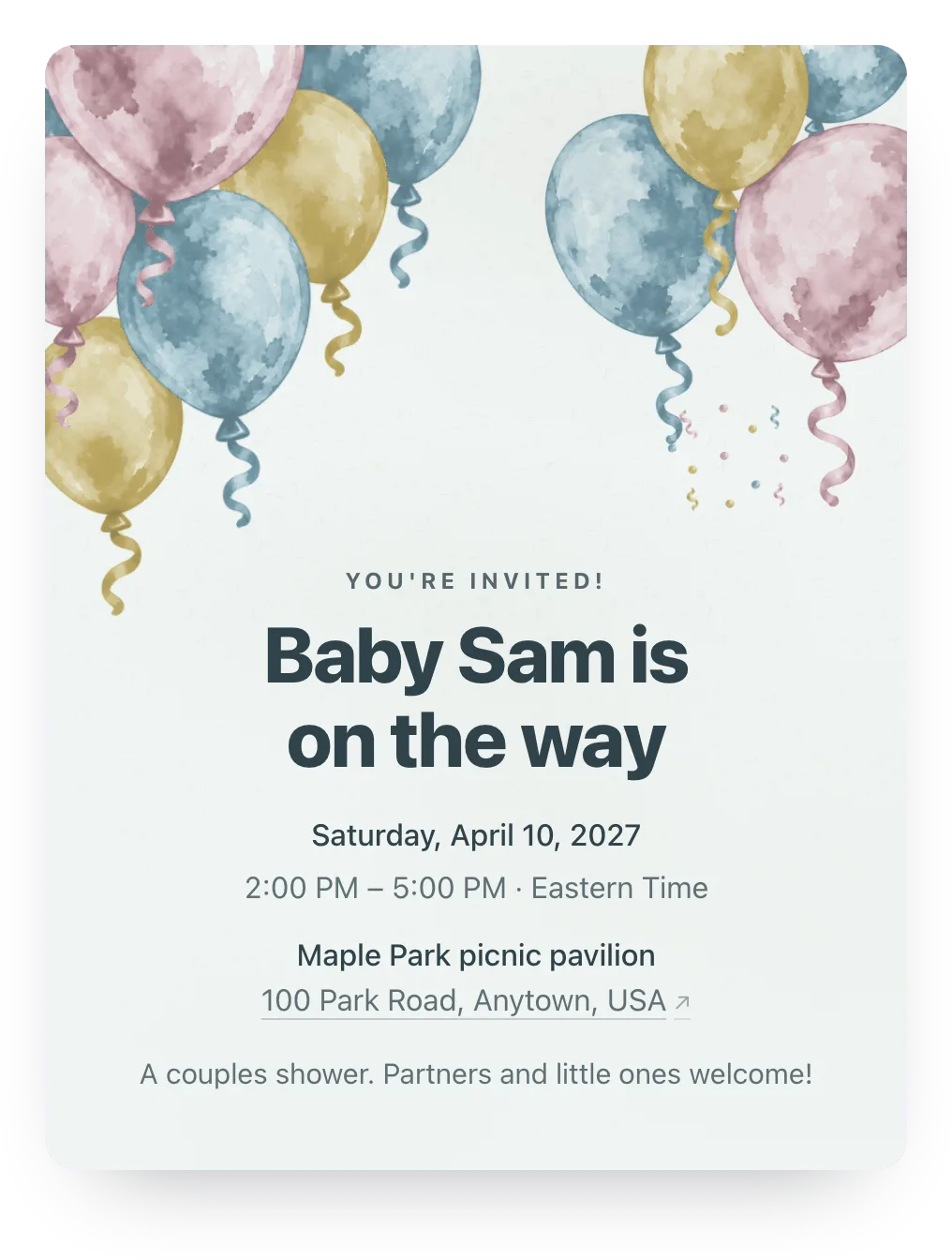 Balloon baby shower invitation in Coastal Paper: “Baby Sam is on the way”