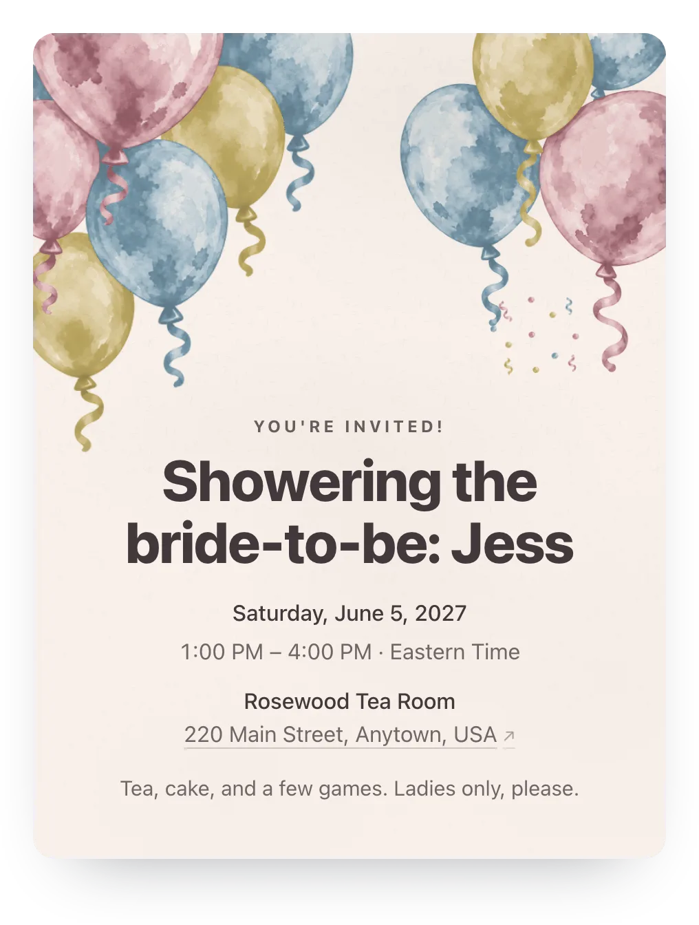 Balloon bridal shower invitation in Rose Linen: “Showering the bride-to-be: Jess”