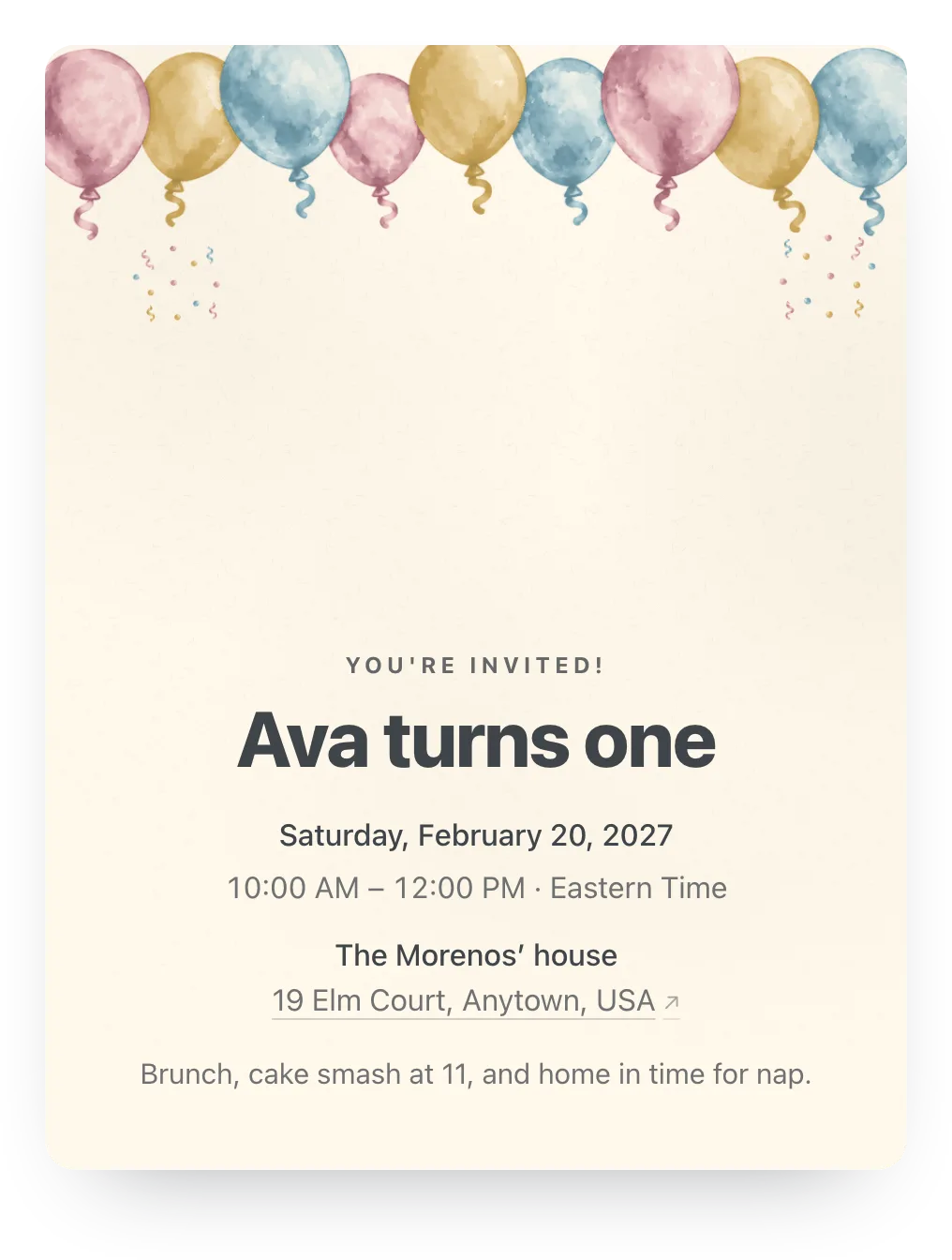 Balloons first birthday invitation in Birthday Cream: “Ava turns one”
