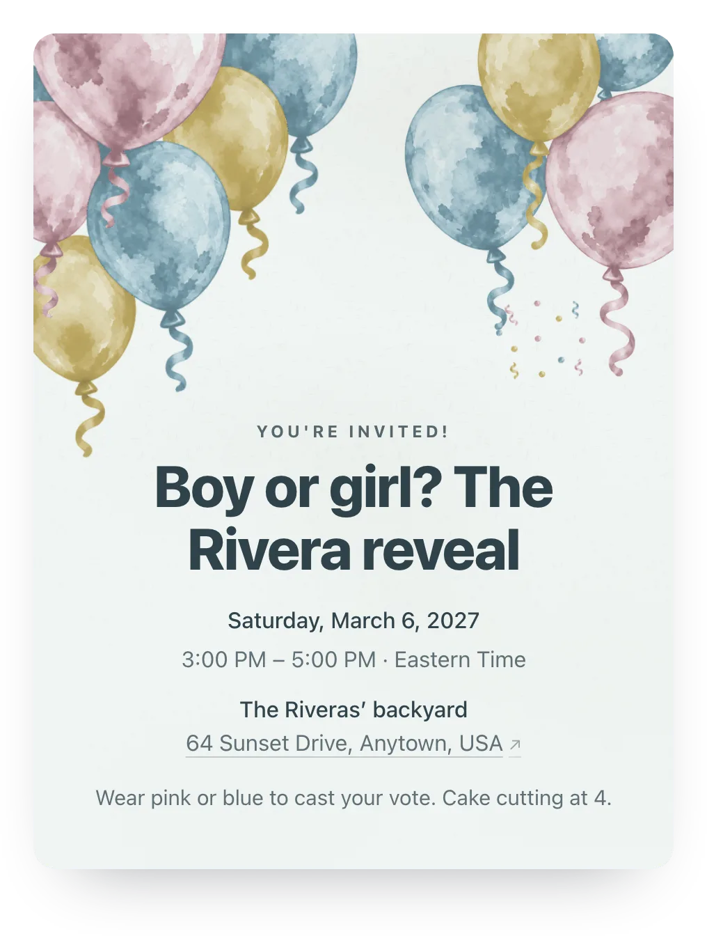Balloon gender reveal invitation in Coastal Paper: “Boy or girl? The Rivera reveal”