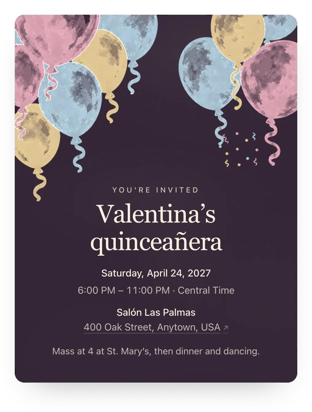 Balloon quinceañera invitation in Velvet Plum: “Valentina’s quinceañera”