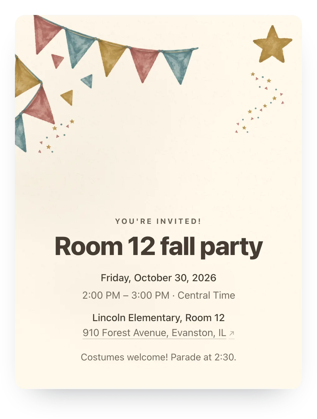 Bunting class party invitation in Garden Party: “Room 12 fall party” on a painted bunting design