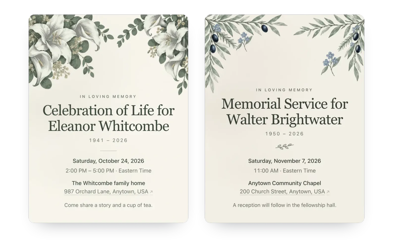 Two memorial invitations made with Hejmo: “Celebration of Life for Eleanor Whitcombe, 1941 – 2026” framed by painted white lilies, and “Memorial Service for Walter Brightwater, 1950 – 2026” under a painted olive branch, each with the date, time, and place.