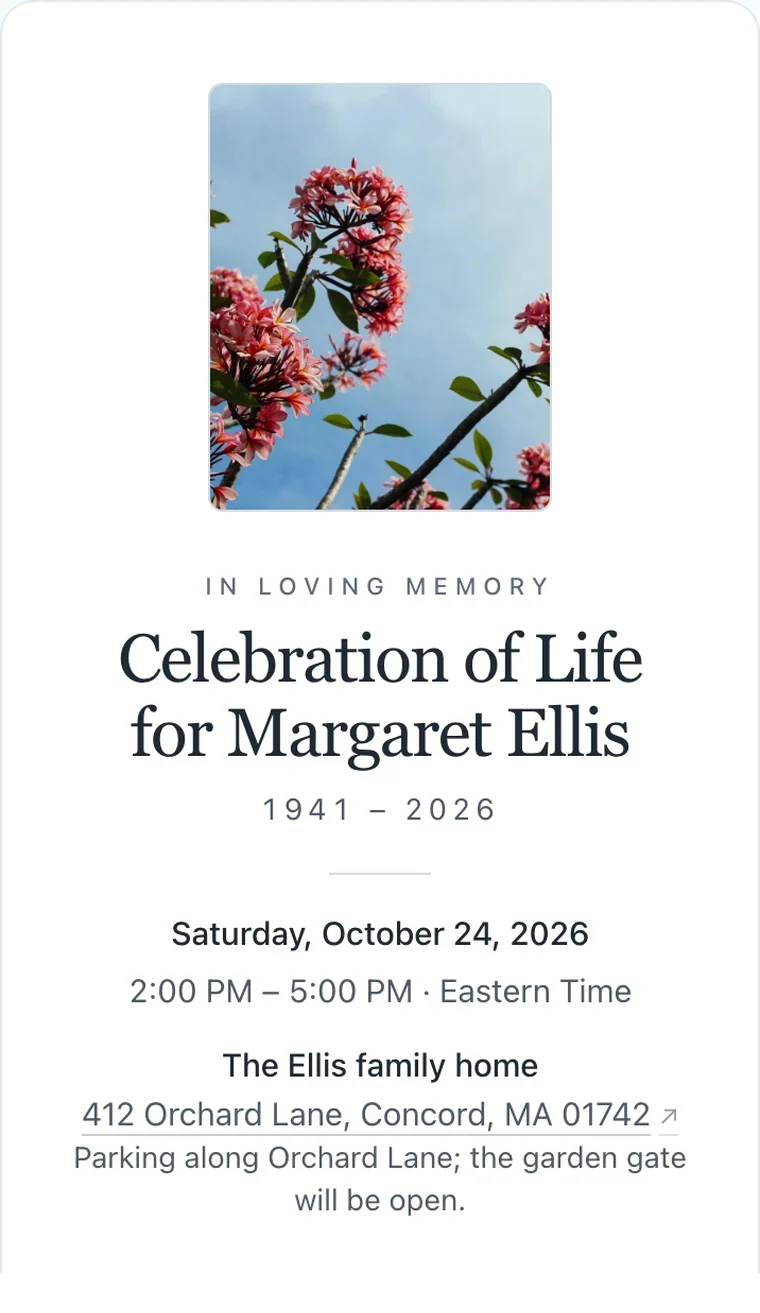 Mist Remembrance style: a celebration of life invitation on a phone, with a framed photo above the name, "In loving memory," and the years 1941 – 2026