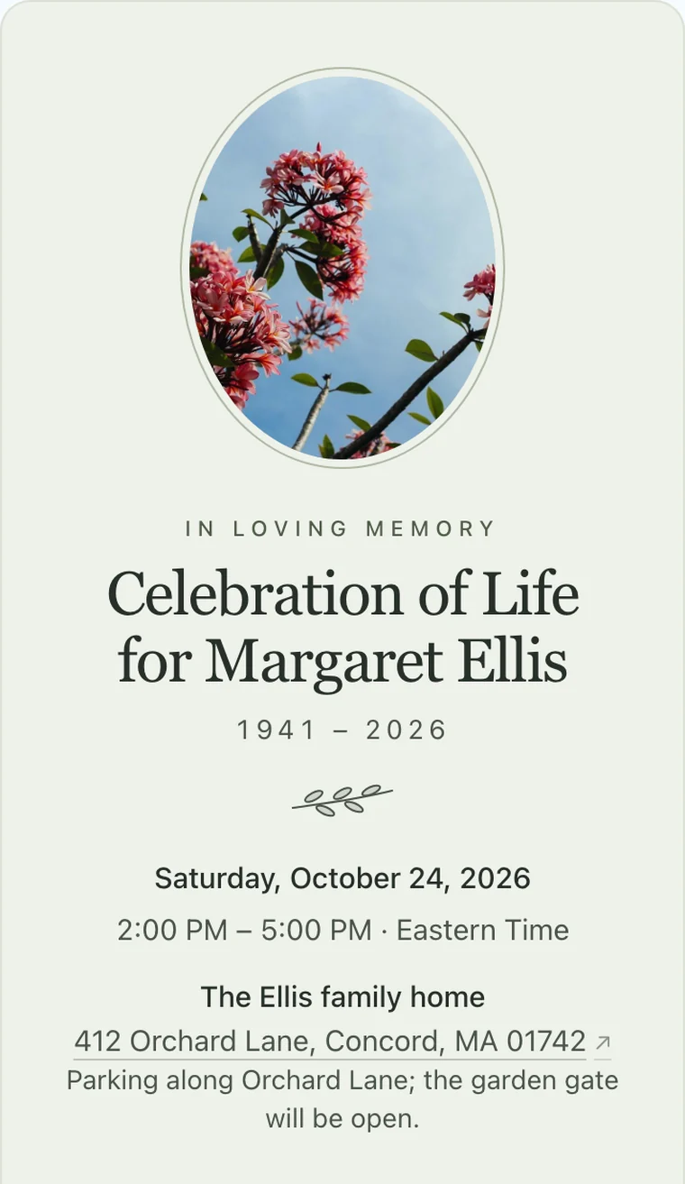 Sage Remembrance style: a celebration of life invitation on a phone, with a framed photo above the name, "In loving memory," and the years 1941 – 2026
