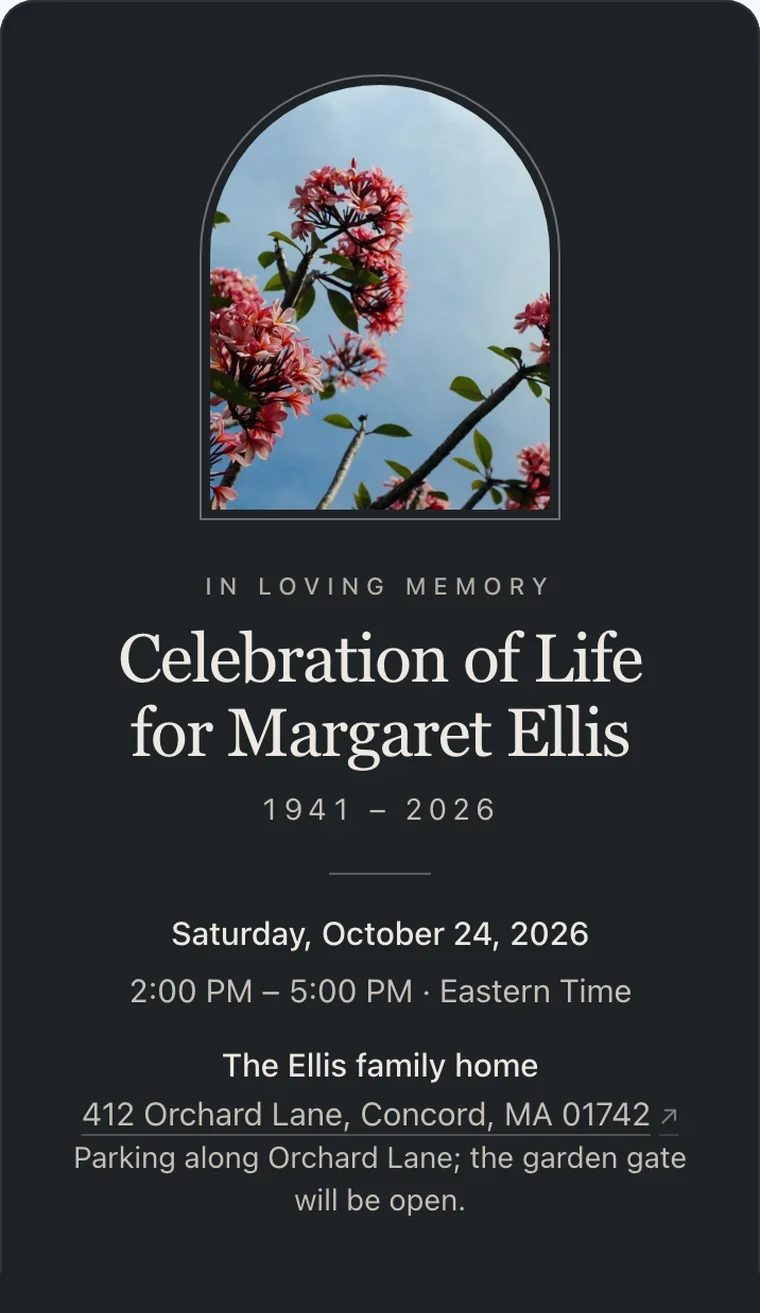 Slate Remembrance style: a celebration of life invitation on a phone, with a framed photo above the name, "In loving memory," and the years 1941 – 2026
