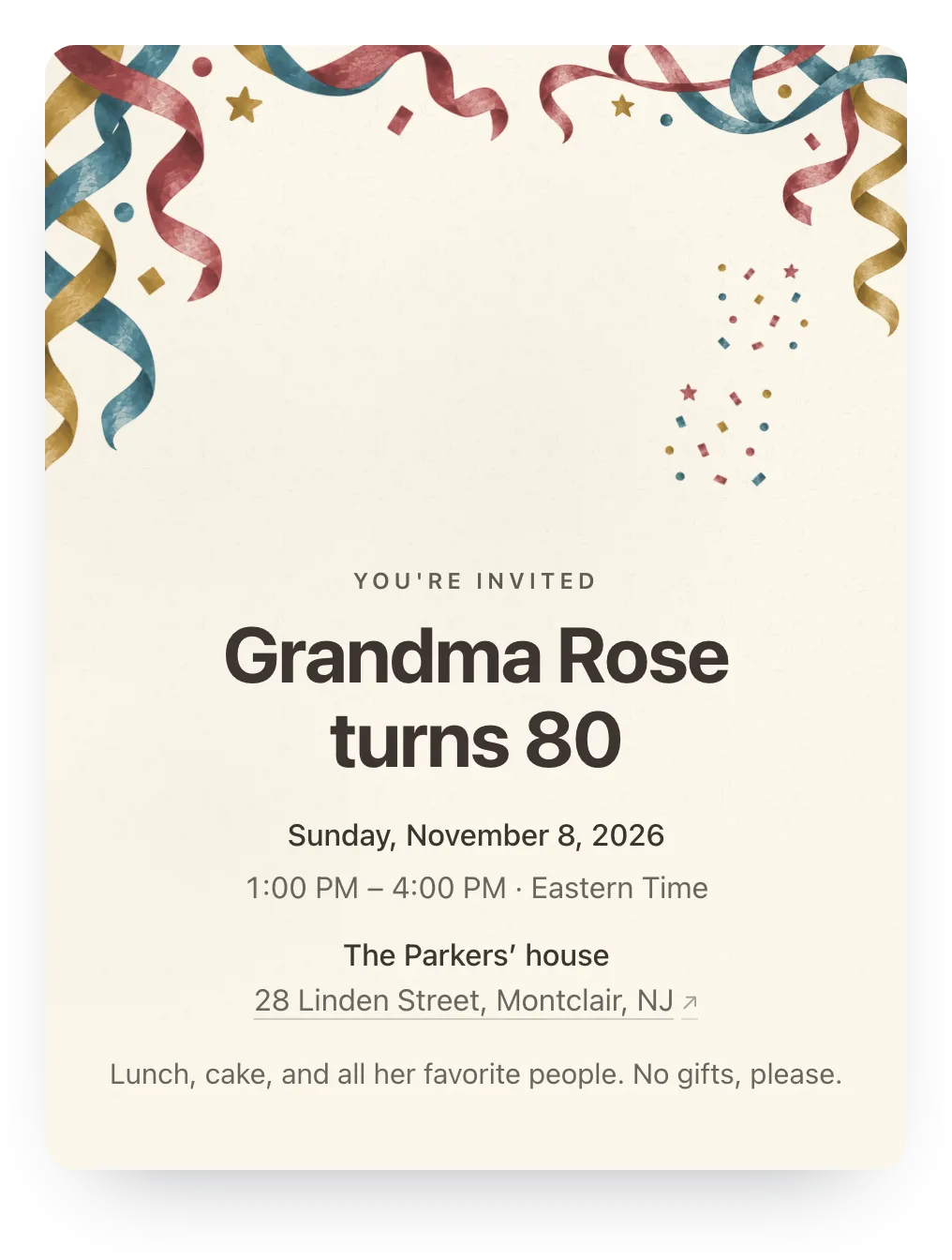 Confetti birthday invitation in Coral & Cream: “Grandma Rose turns 80” on a painted confetti design
