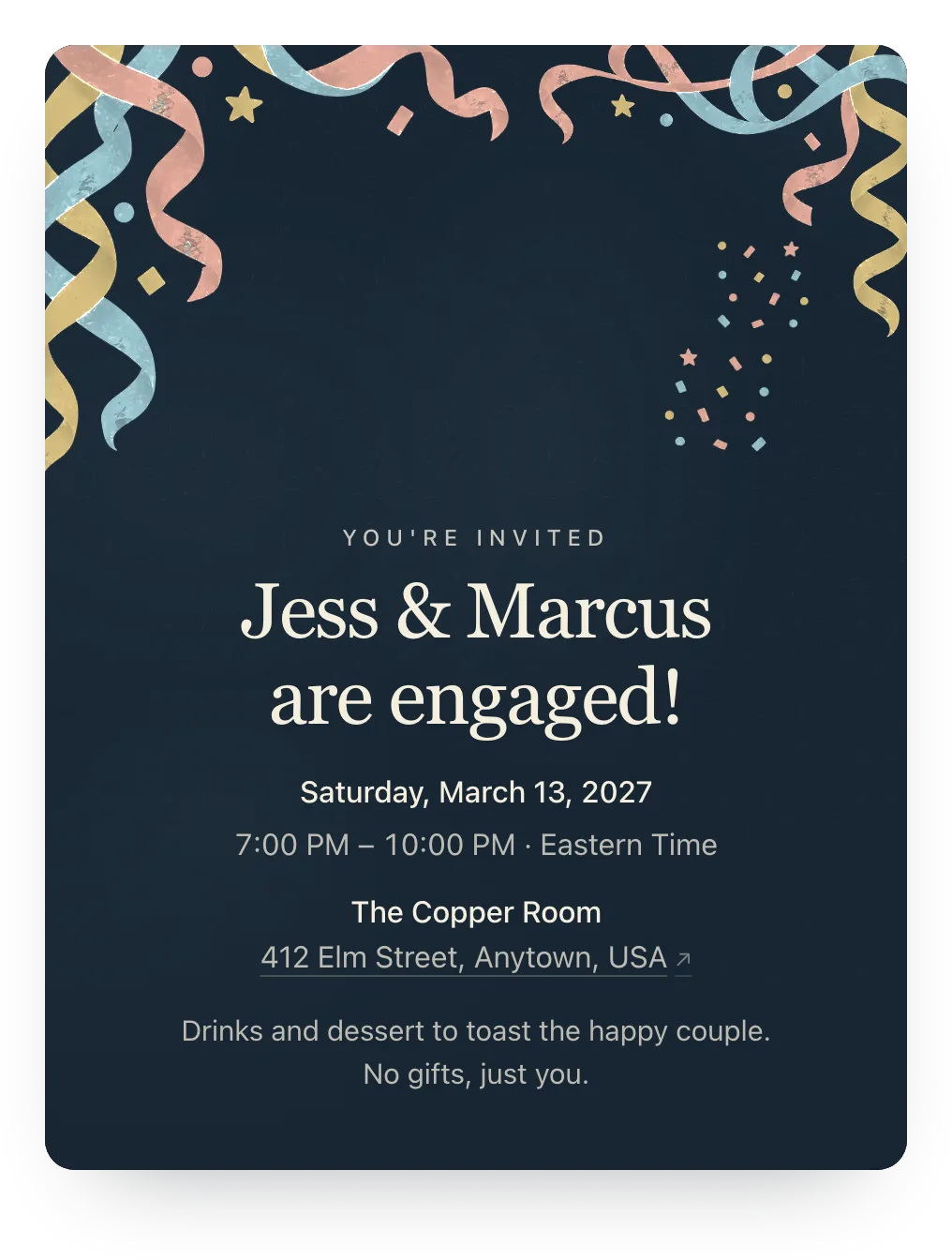 Confetti engagement party invitation in Midnight Toast: “Jess & Marcus are engaged!”