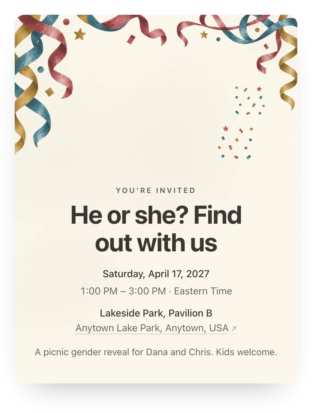 Confetti gender reveal invitation in Coral & Cream: “He or she? Find out with us”