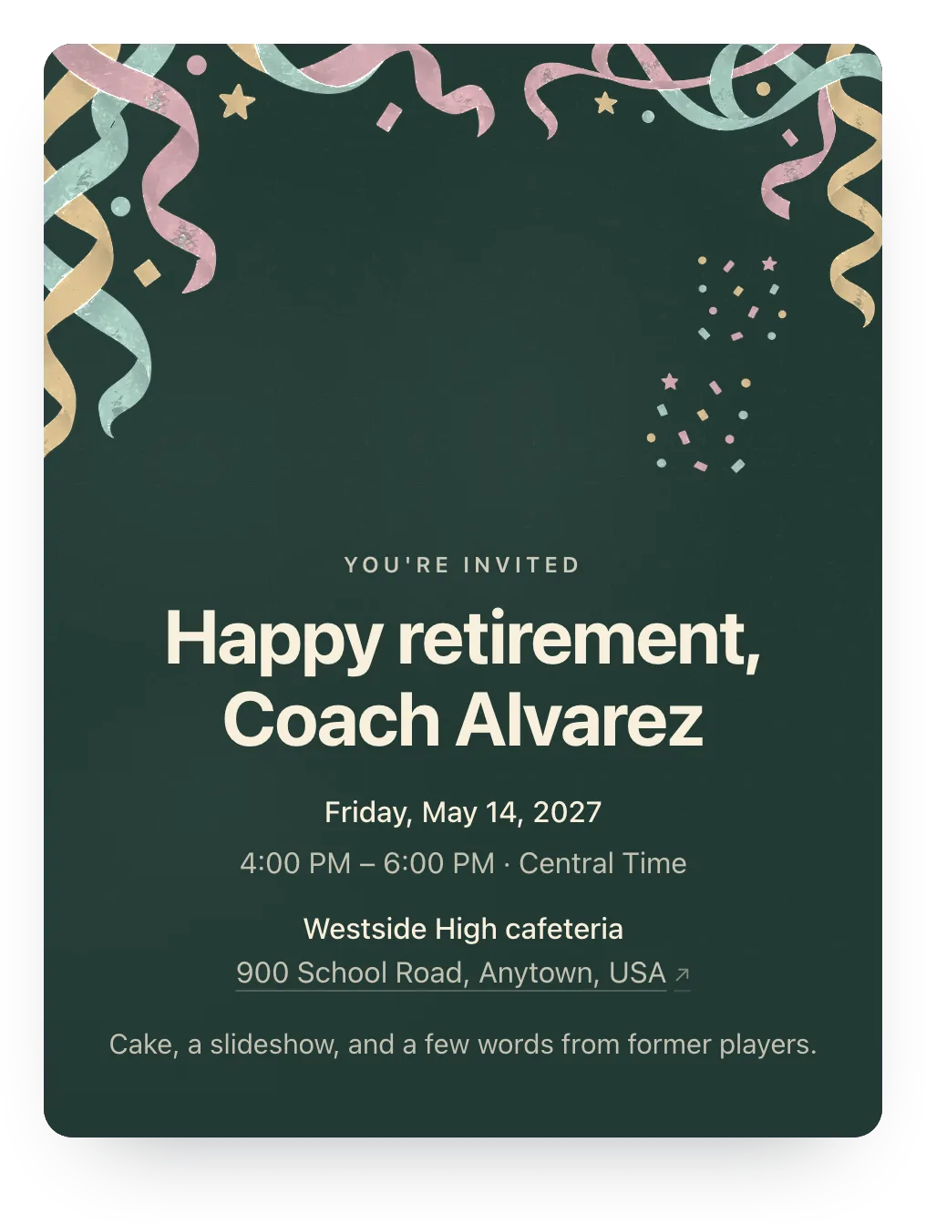 Confetti retirement party invitation in Forest Fête: “Happy retirement, Coach Alvarez”