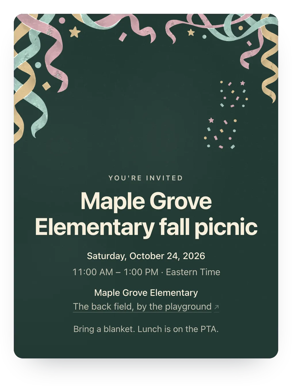 Confetti school picnic invitation in Forest Fête: “Maple Grove Elementary fall picnic” with painted confetti in the corners