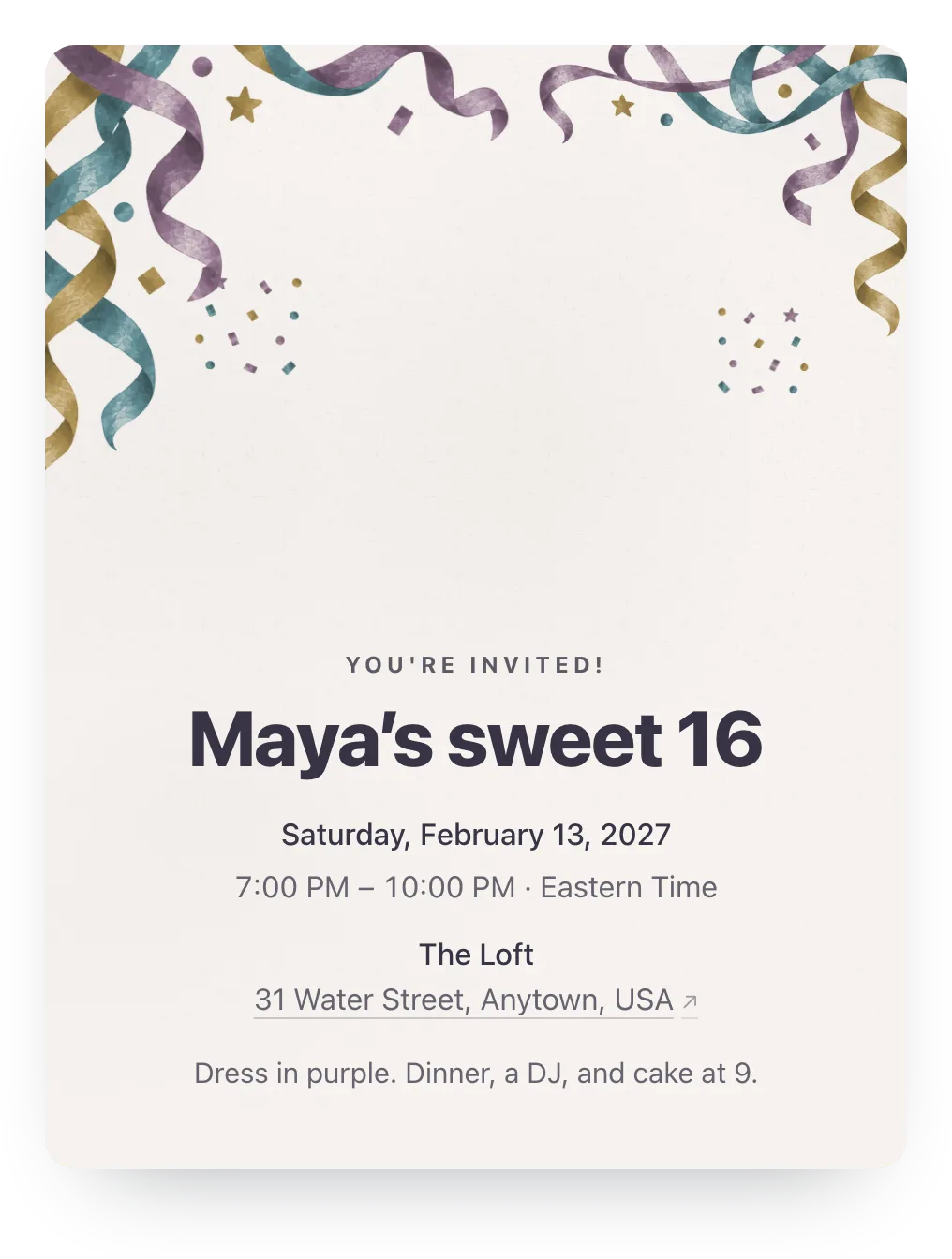 Confetti sweet 16 invitation in Dusky Lilac: “Maya’s sweet 16”
