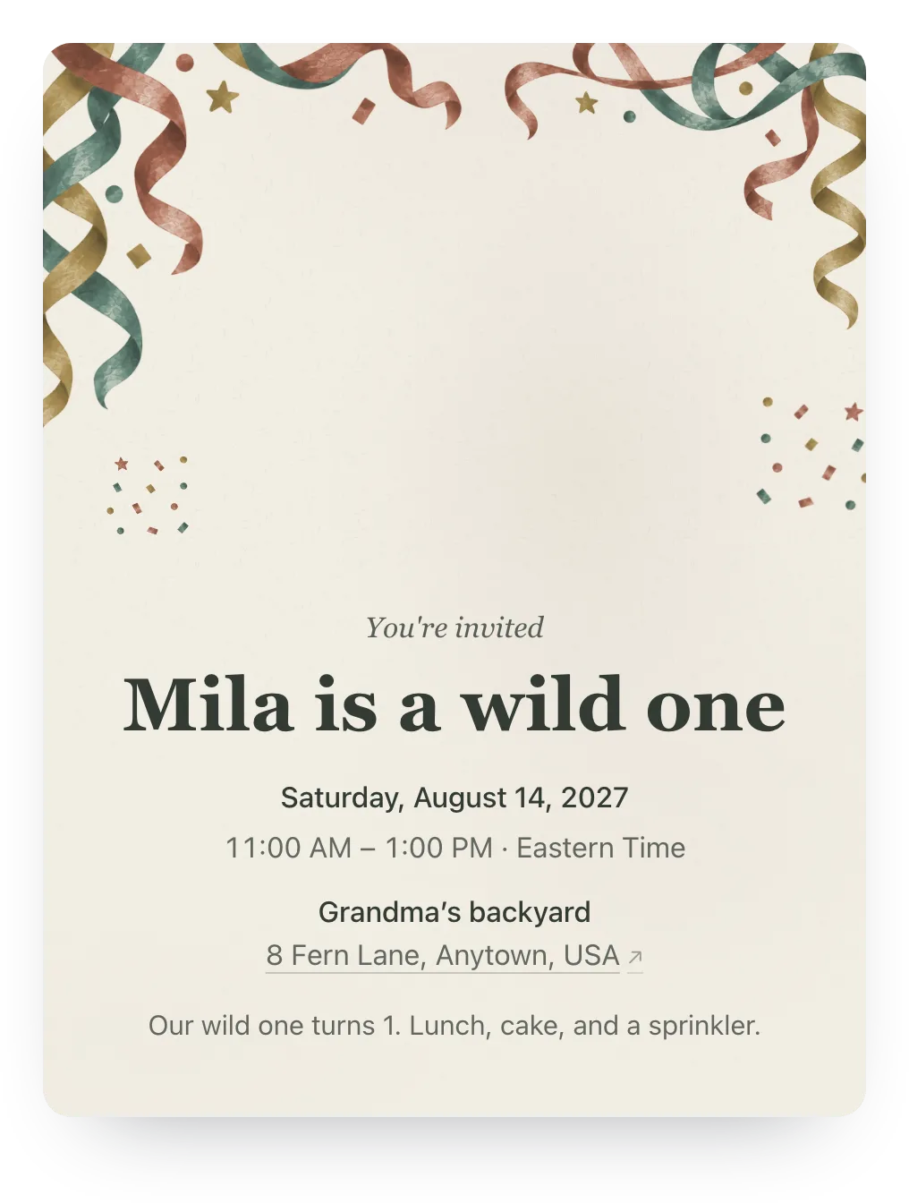 Confetti “wild one” first birthday invitation in Terracotta Linen: “Mila is a wild one”