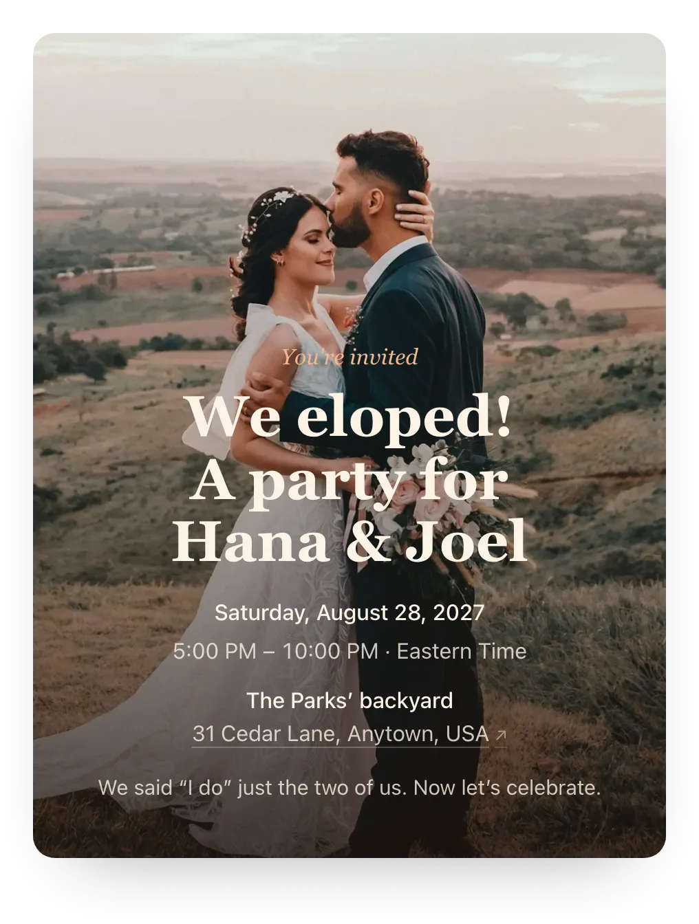 Elopement party invitation with the couple’s own photo as the cover: a groom kissing his smiling bride’s forehead on a hilltop at sunset, behind “We eloped! A party for Hana & Joel”
