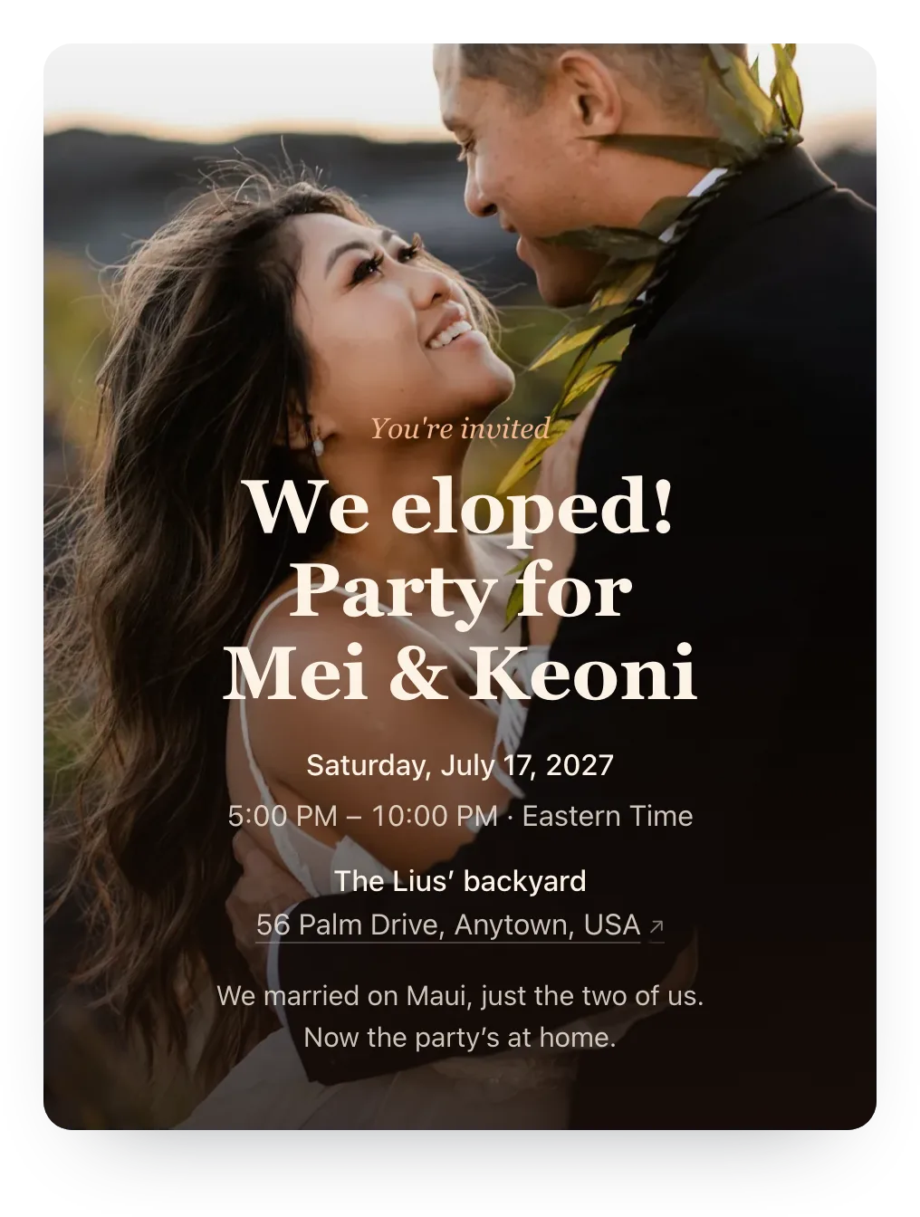 Elopement party invitation with the couple’s own photo as the cover: a laughing bride looking up at her groom as they embrace at sunset, behind “We eloped! Party for Mei & Keoni”
