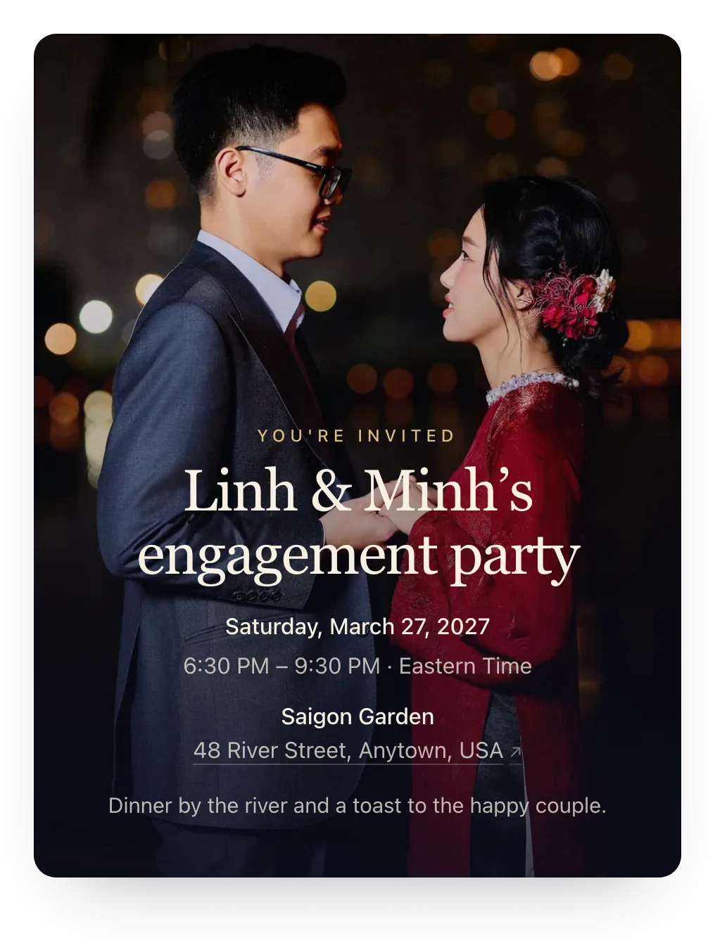 Engagement party invitation with the couple’s own photo as the cover: a couple holding hands and smiling at each other at night, city lights glowing behind them, behind “Linh & Minh’s engagement party”