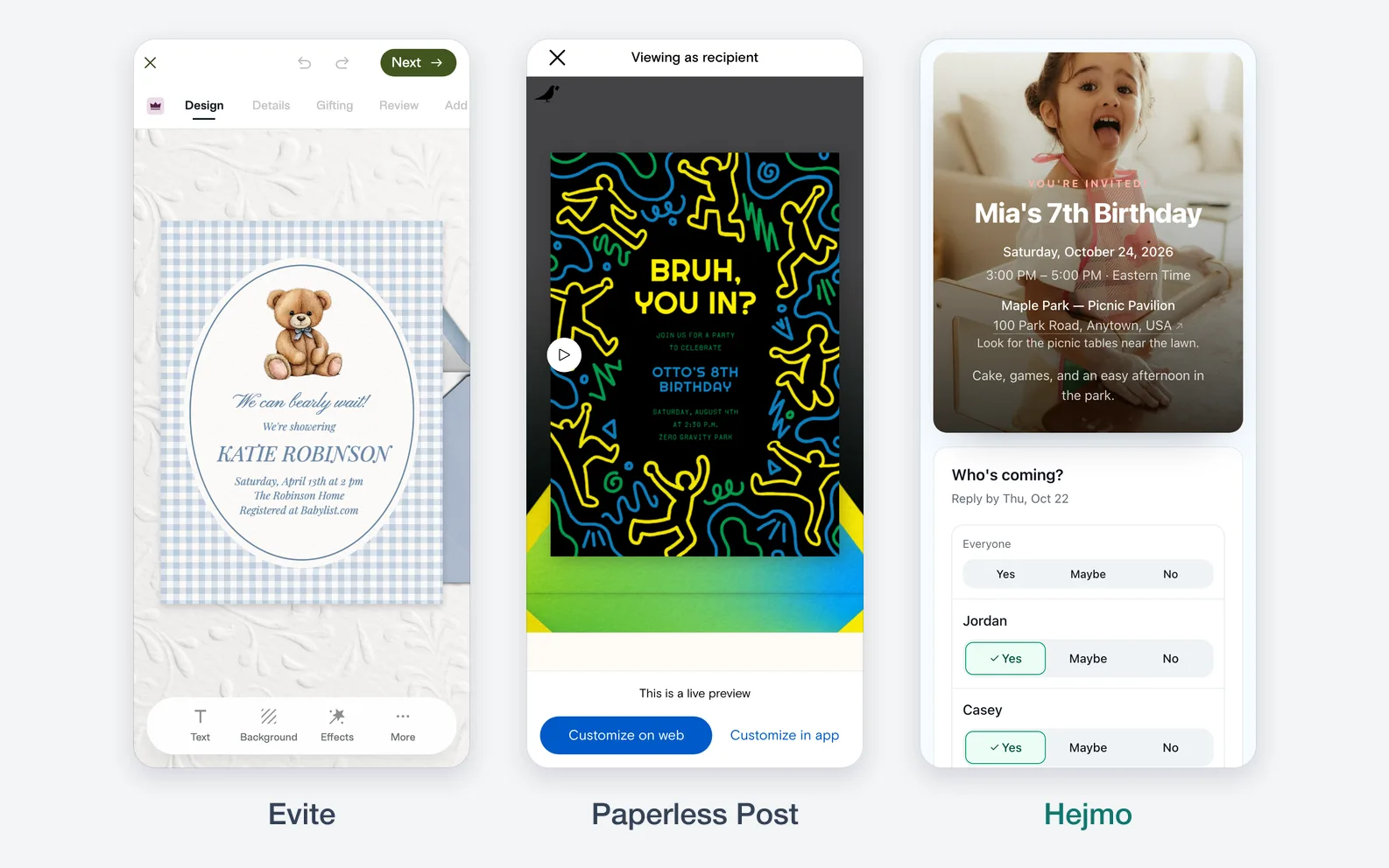 Three phones side by side: an Evite baby shower template in its design editor, a Paperless Post birthday card on its envelope, and a Hejmo invite with a photo cover above one family's Yes, Maybe, and No rows.