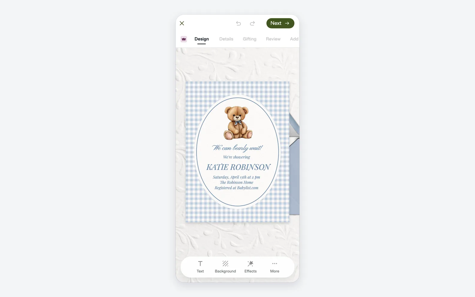 An Evite baby shower template for Katie Robinson open in Evite's design editor on a phone, with Design, Details, Gifting, and Review tabs above and a Text, Background, Effects, and More toolbar below.