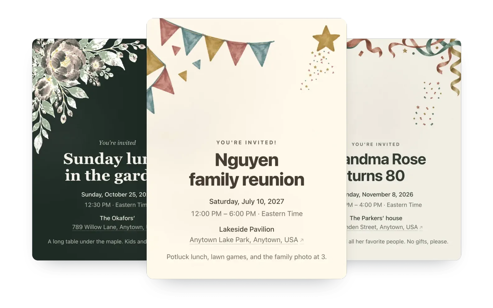 Three family invitations made with Hejmo: “Nguyen family reunion” under painted party flags in front, with a garden lunch invitation and “Grandma Rose turns 80” with confetti behind.
