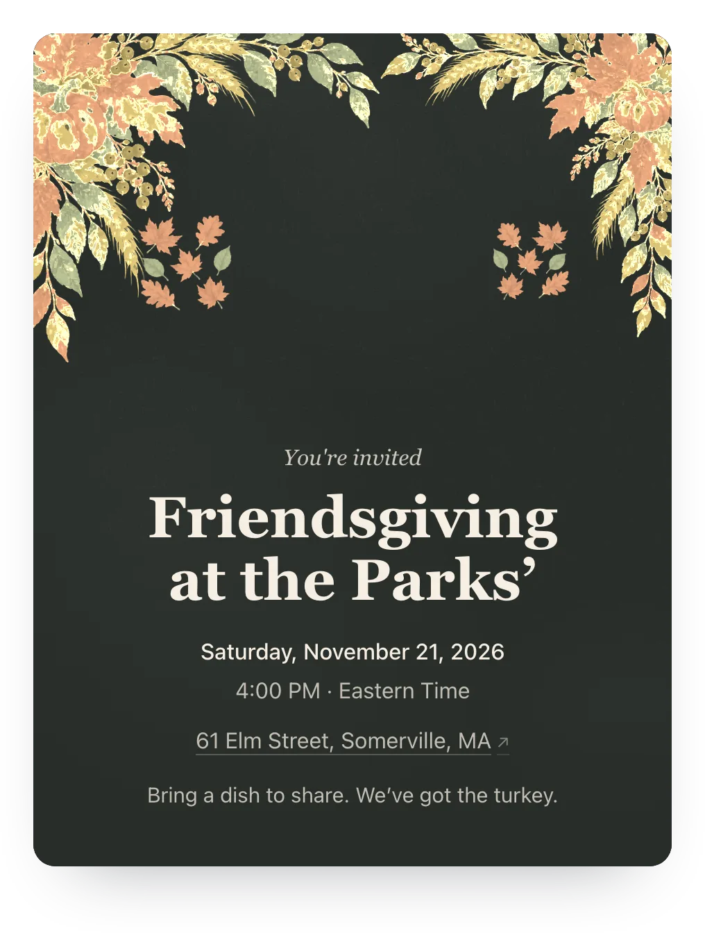 Friendsgiving invitation in Charcoal Harvest: “Friendsgiving at the Parks’” on a painted harvest design