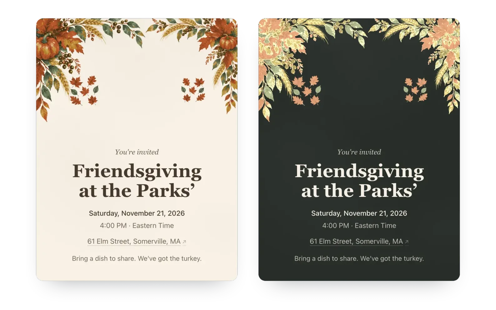 Two Friendsgiving invitations on Hejmo's painted Harvest design, in Hearth & Cream and Charcoal Harvest, each reading “Friendsgiving at the Parks’”, Saturday, November 21, 2026, 4:00 PM.