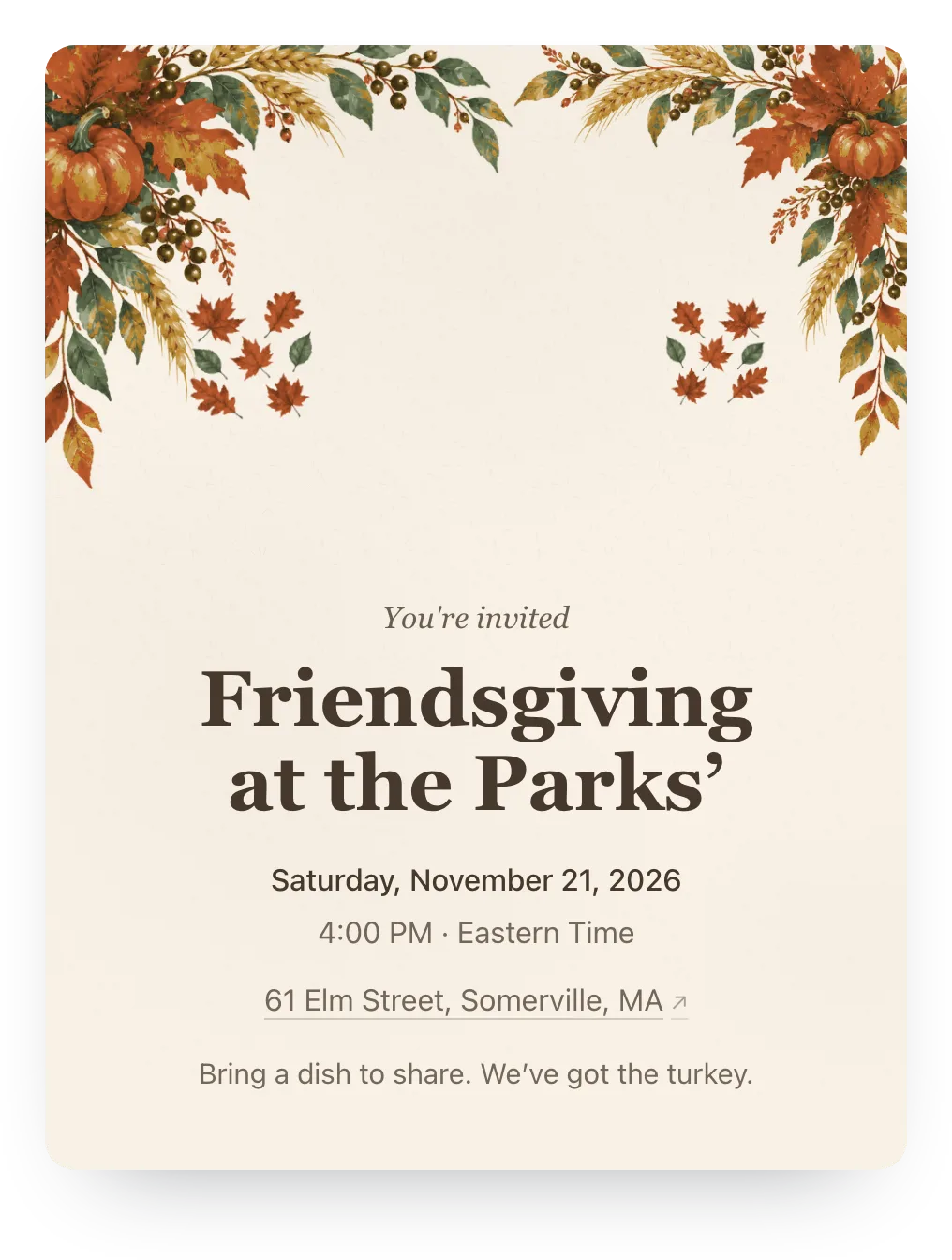 Friendsgiving invitation in Hearth & Cream: “Friendsgiving at the Parks’” on a painted harvest design