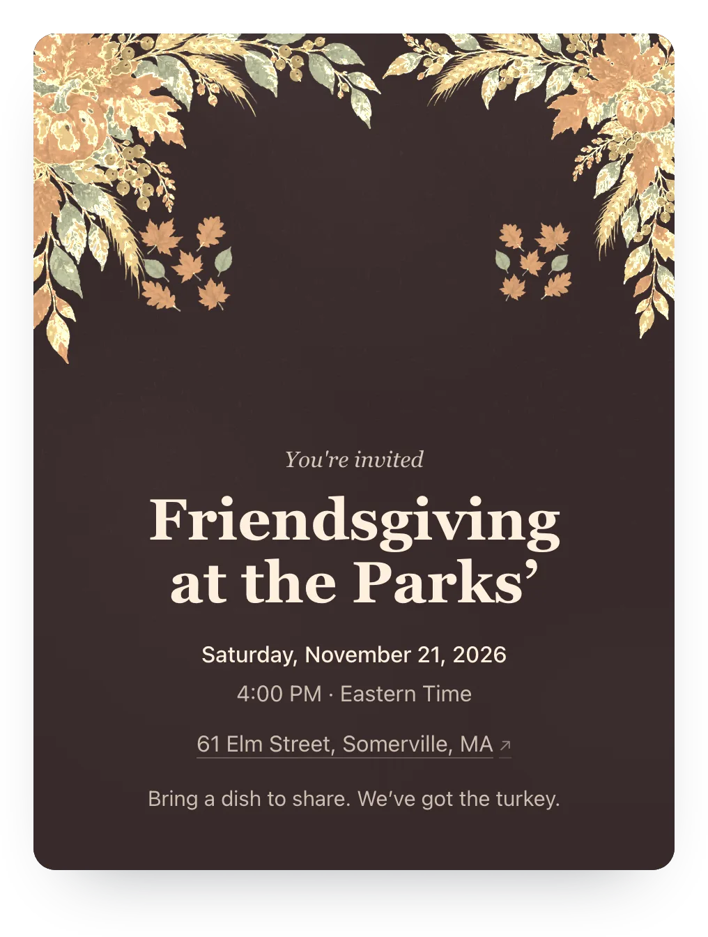 Friendsgiving invitation in Mulberry Dusk: “Friendsgiving at the Parks’” on a painted harvest design