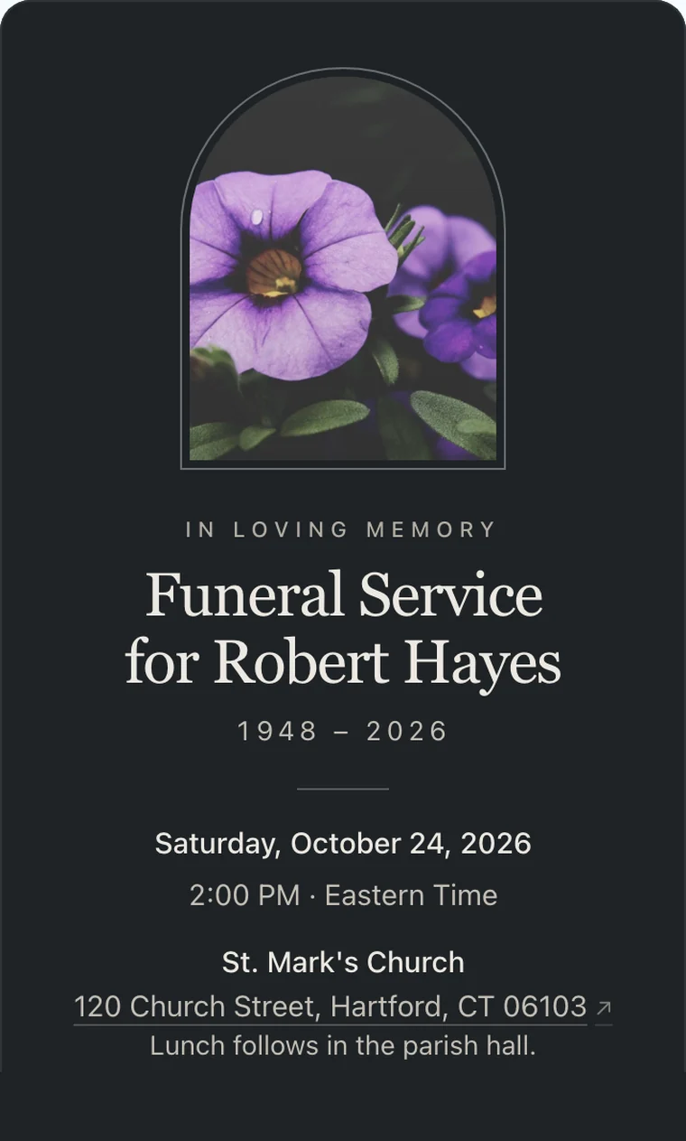 Funeral invitation on a phone in the Slate style: a framed photo of flowers, "In loving memory," Funeral Service for Robert Hayes, 1948 – 2026, with the date, time, and church