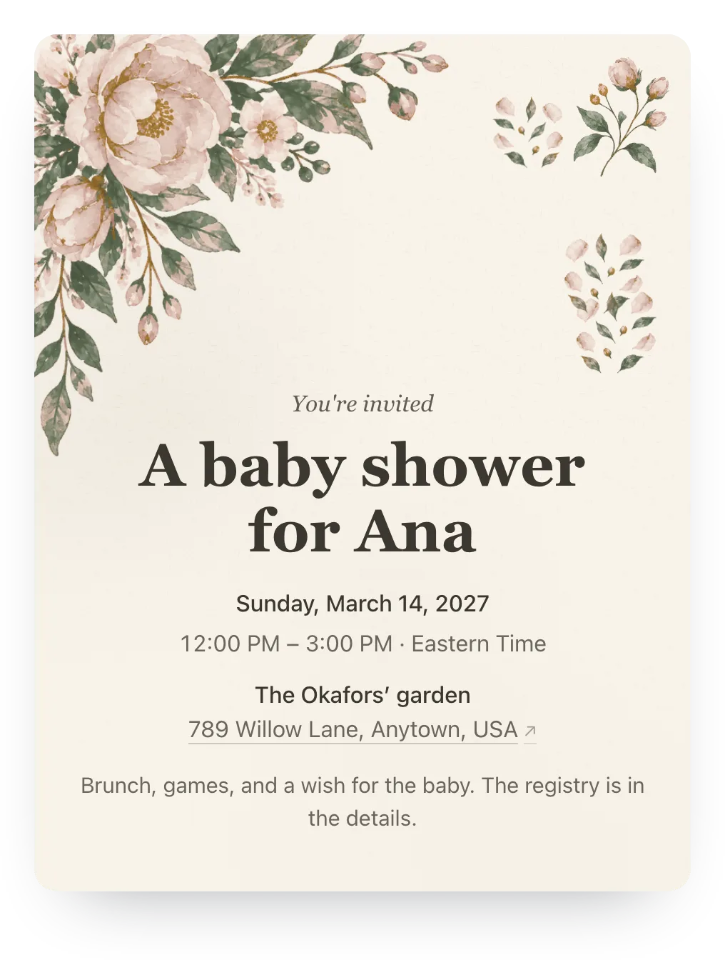 Watercolor garden baby shower invitation in Blush & Sage: “A baby shower for Ana”