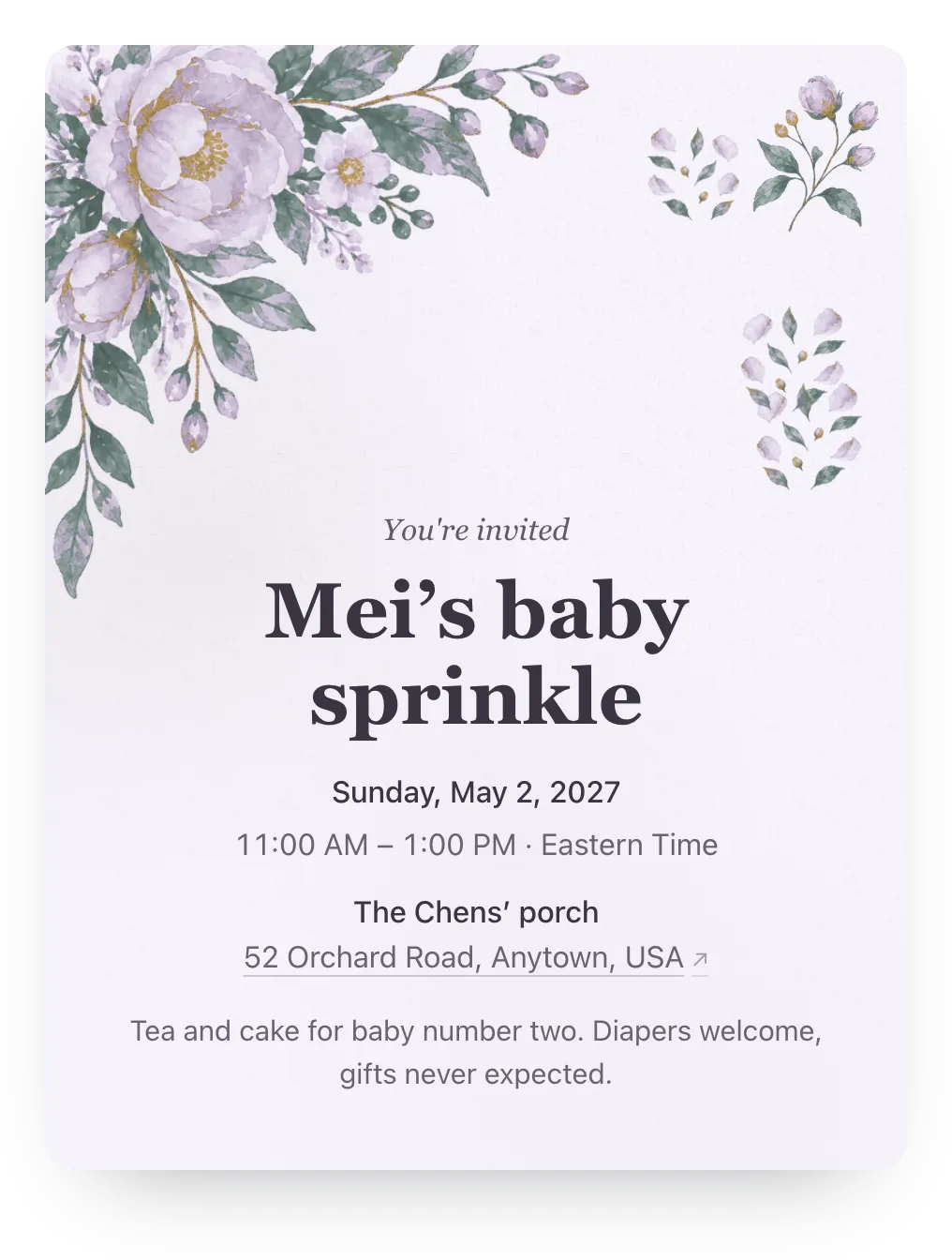 Watercolor garden baby sprinkle invitation in Lavender: “Mei’s baby sprinkle”