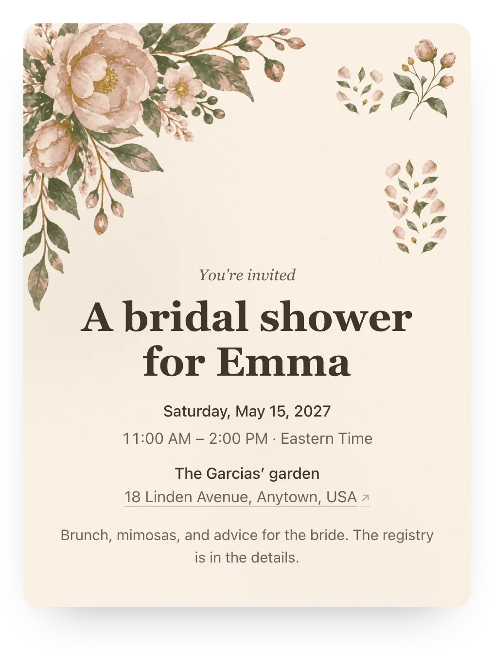 Watercolor garden bridal shower invitation in Terracotta: “A bridal shower for Emma”