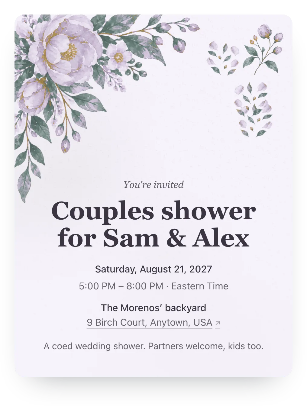 Watercolor garden couples wedding shower invitation in Lavender: “Couples shower for Sam & Alex”