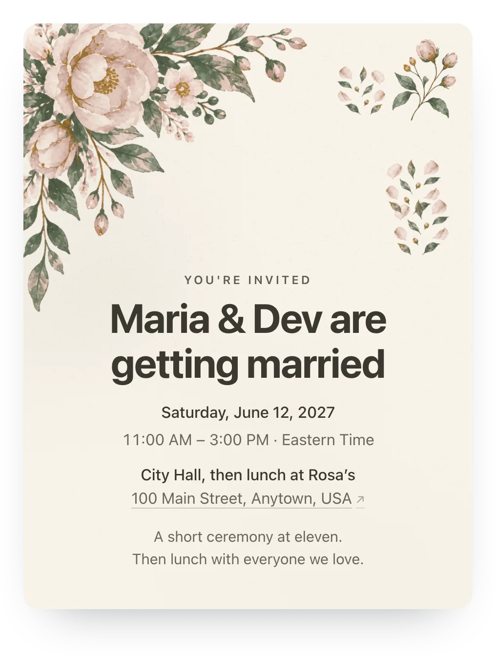 Watercolor garden courthouse wedding invitation in Blush & Sage: “Maria & Dev are getting married”