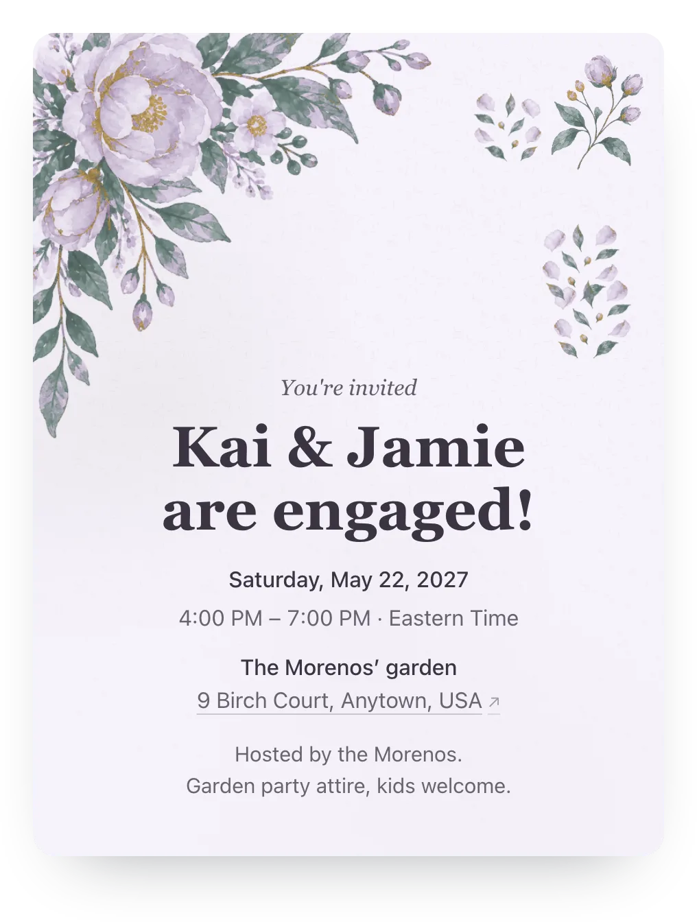 Watercolor garden engagement party invitation in Lavender: “Kai & Jamie are engaged!”