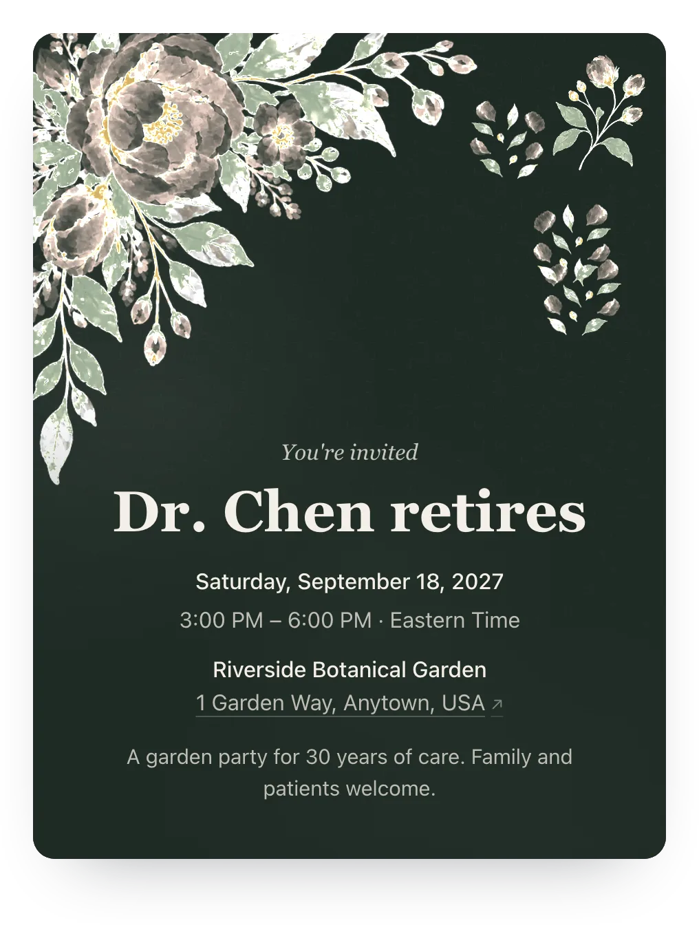 Watercolor garden retirement celebration invitation in Moss: “Dr. Chen retires”