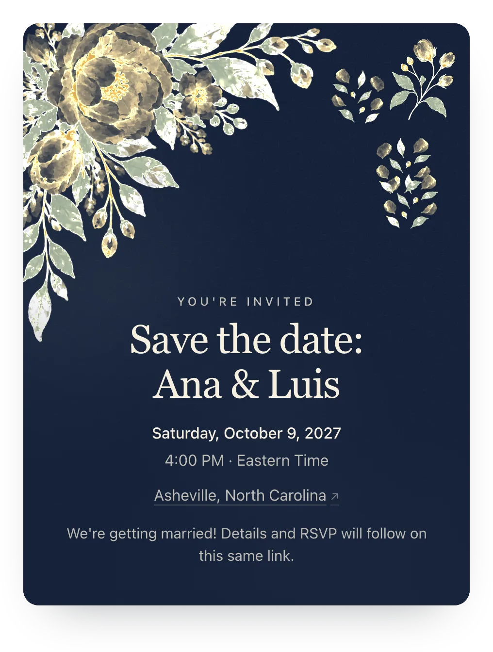 Watercolor garden save the date in Gold on Navy: “Save the date: Ana & Luis”