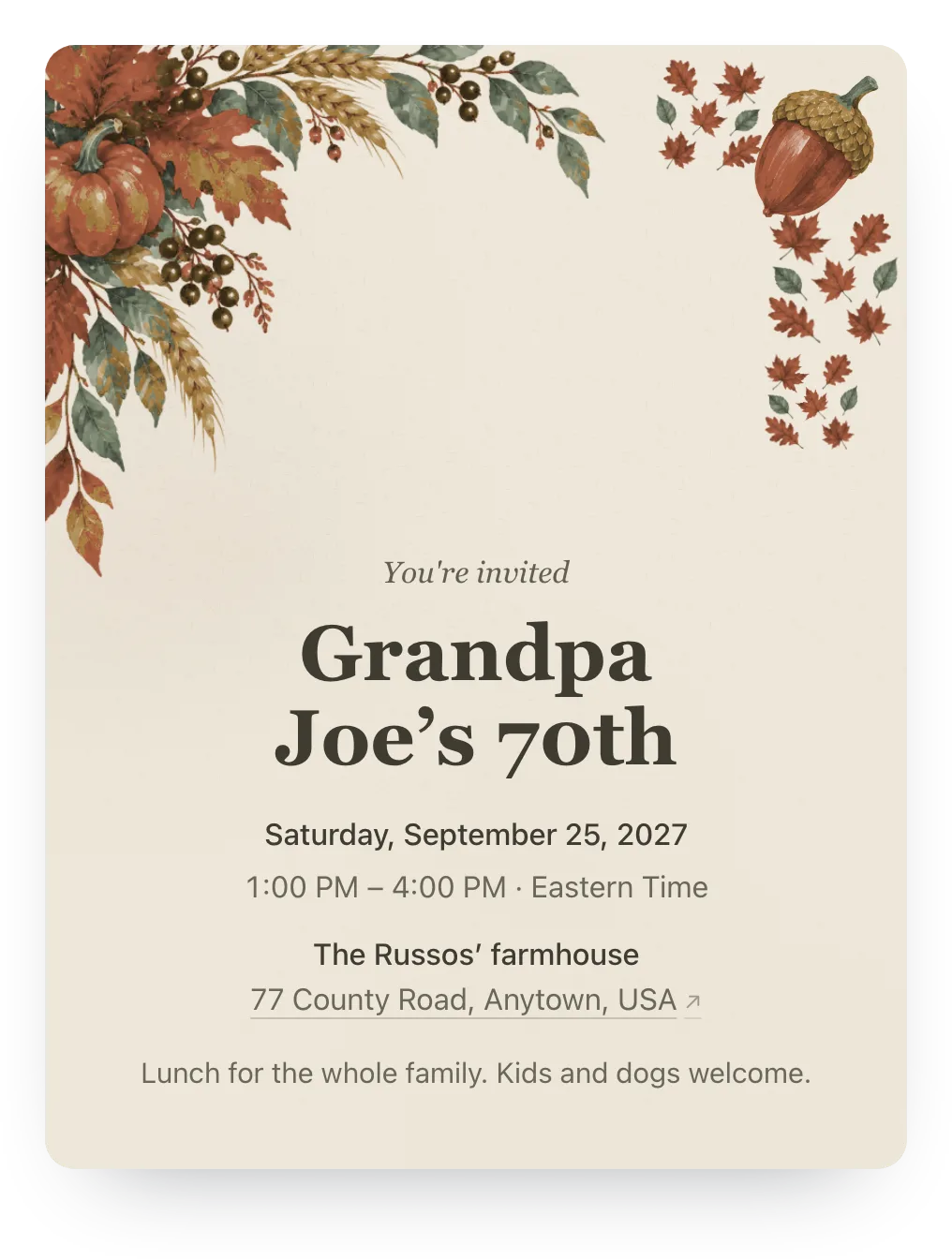 Harvest 70th birthday invitation in Autumn Linen: “Grandpa Joe’s 70th”