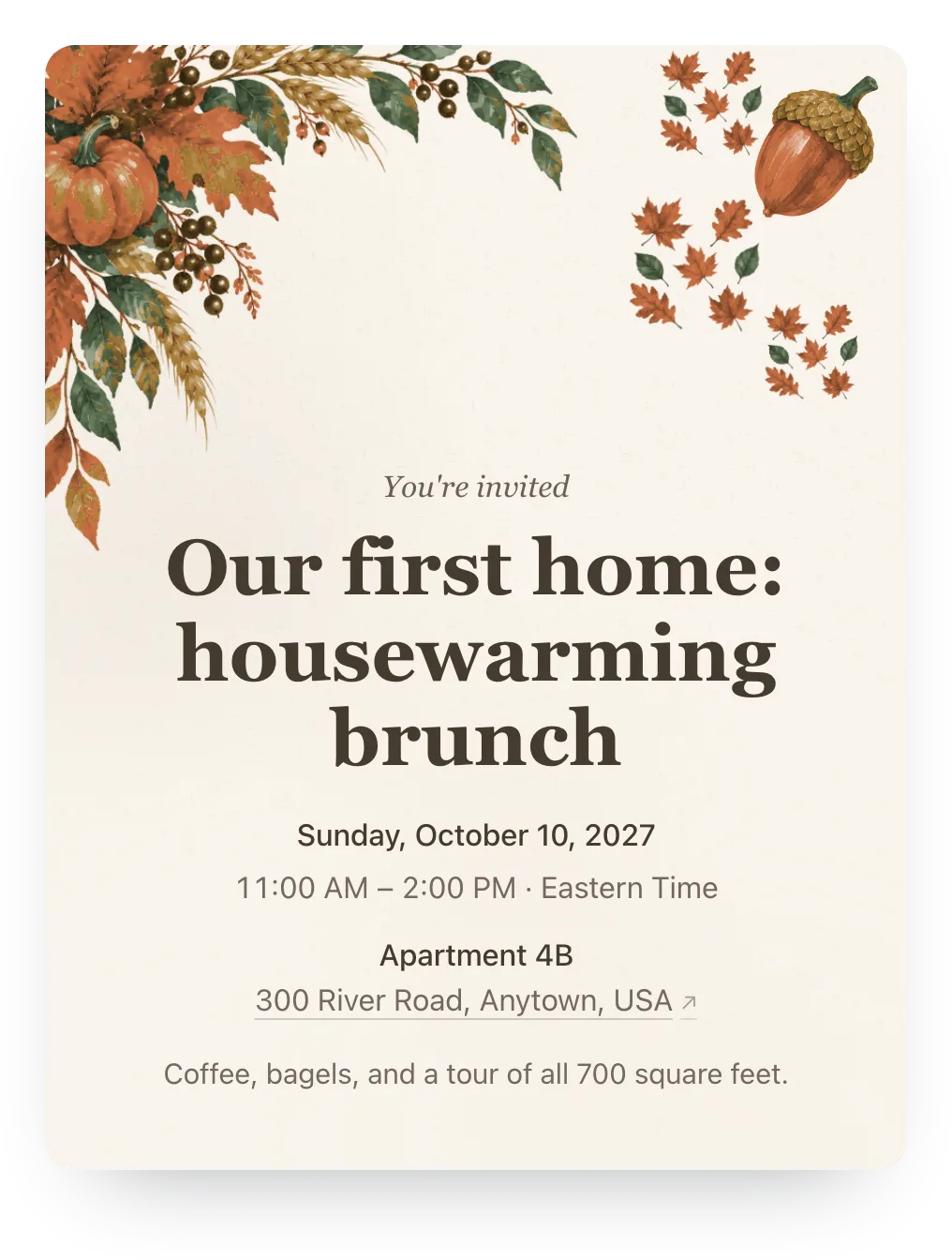 Harvest housewarming invitation in Orchard Ivory: “Our first home: housewarming brunch”