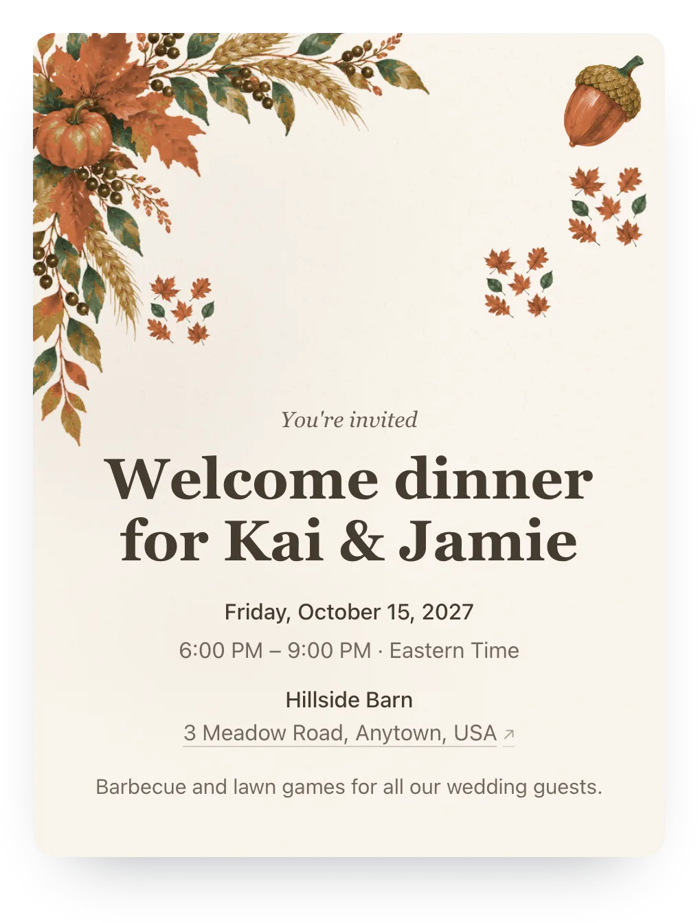 Harvest welcome dinner invitation in Orchard Ivory: “Welcome dinner for Kai & Jamie”