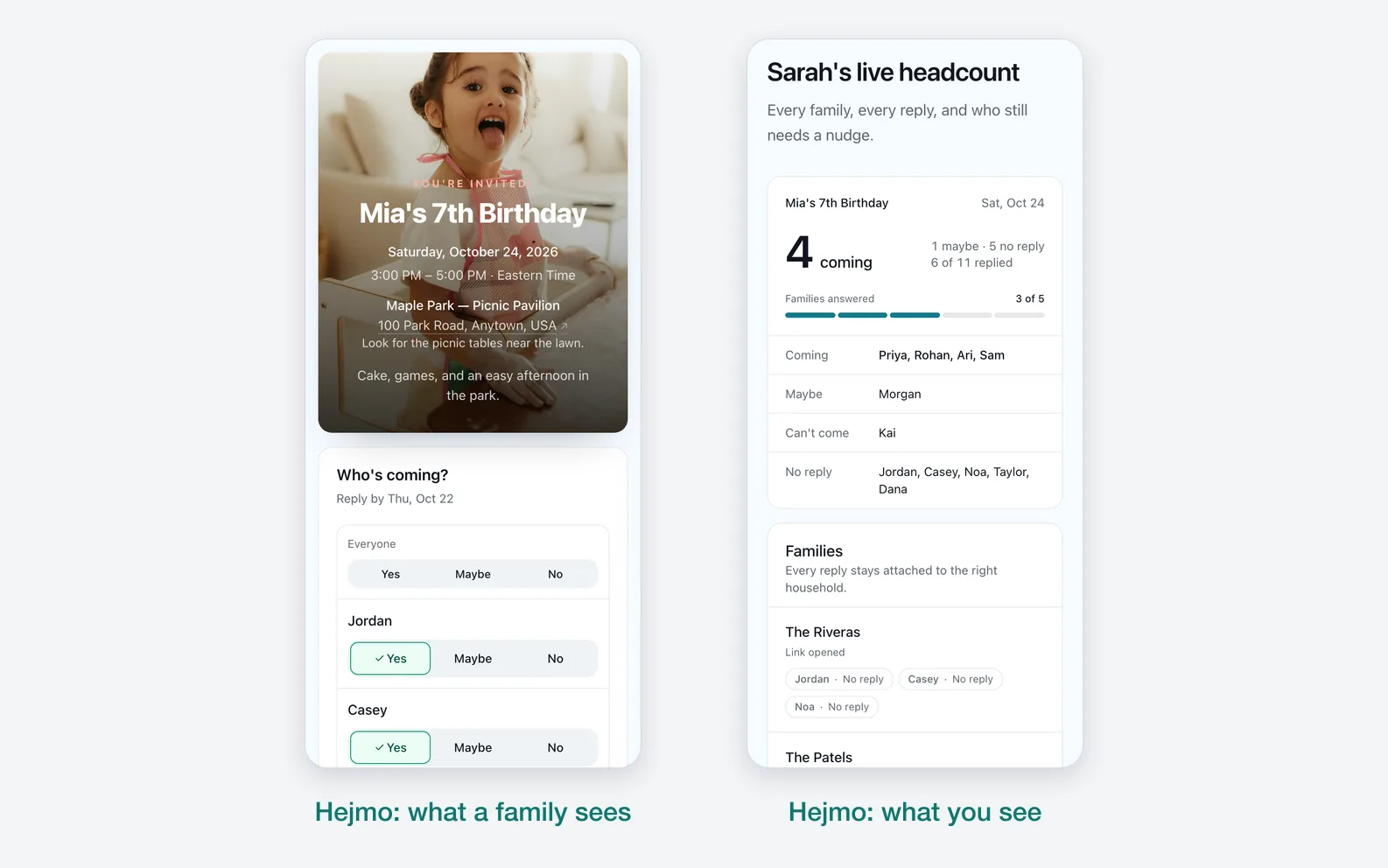 Two phones: a Hejmo invite with a photo cover above one family's Yes, Maybe, and No rows, and the host's live headcount listing who's coming, maybe, and not replied by family.