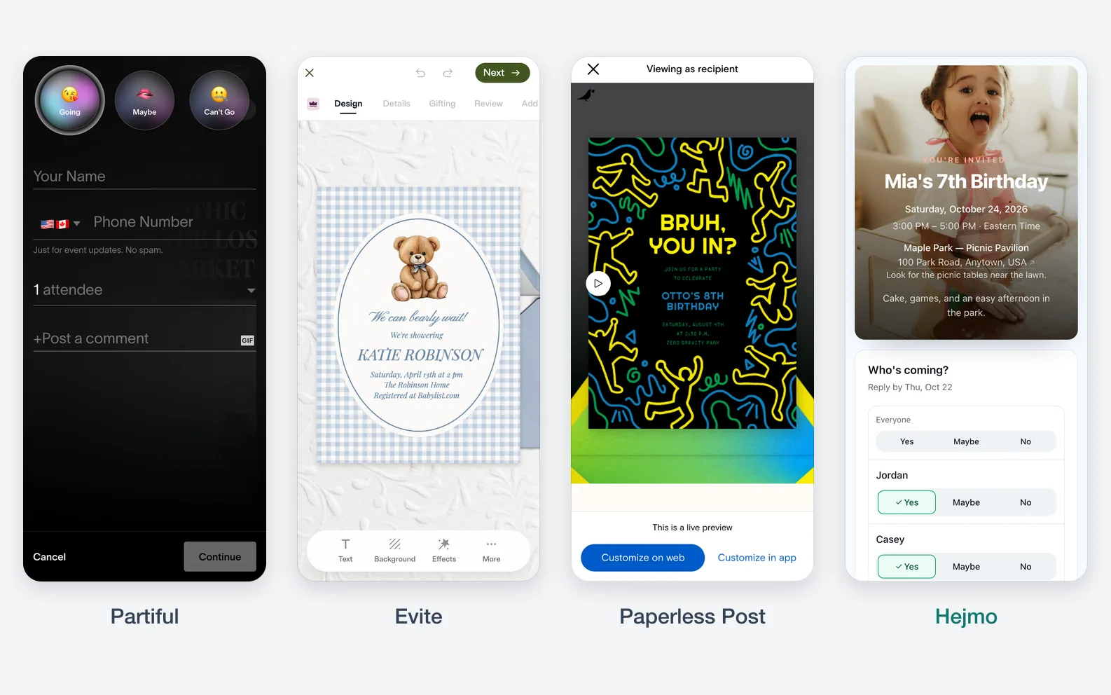 Four phones side by side: Partiful's dark RSVP sheet with emoji buttons, an Evite baby shower template in its design editor, a Paperless Post birthday card on its envelope, and a Hejmo invite with a photo cover above one family's Yes, Maybe, and No rows.